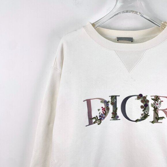 Dior White Floral Embroidered Logo Cotton Sweatshirt XL Round-Neck Long-Sleeve M - Picture 8 of 8